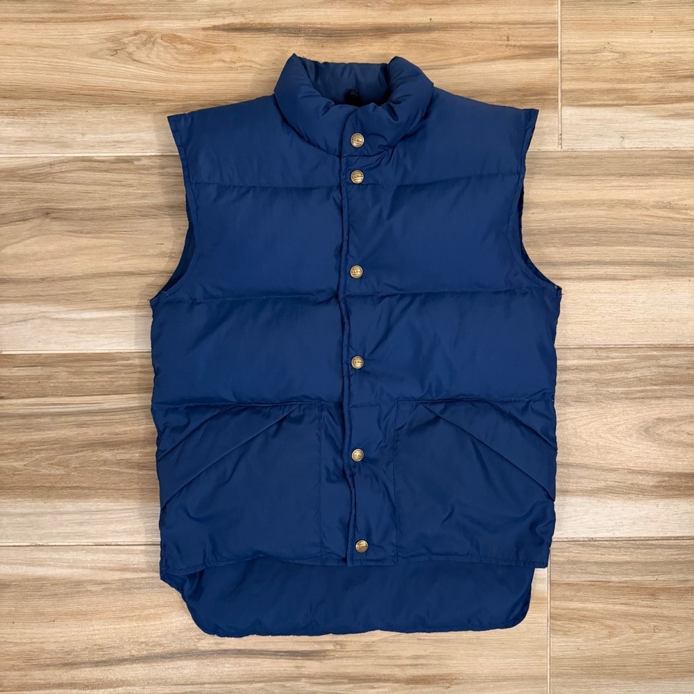 VTG 90s LL Bean Goose Down Puffer Vest Navy Blue Snap Button Droptail Men's S